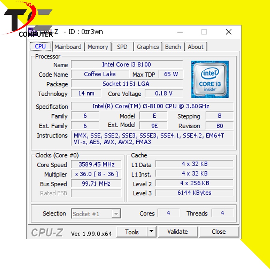 Intel Core Processor i3 8100 LGA1151 3.60Ghz Plus Fan