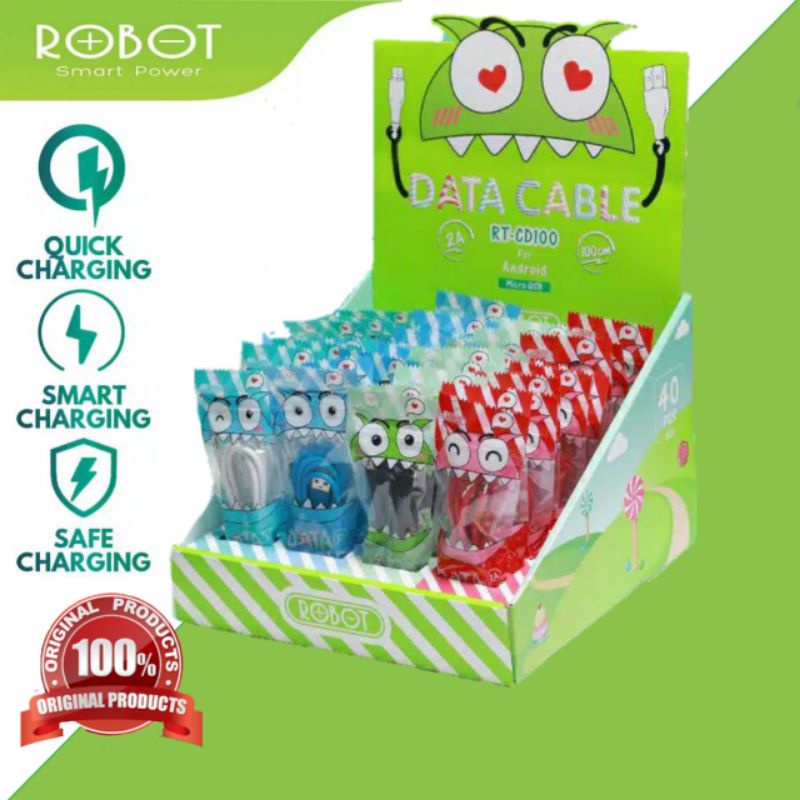 1 KOTAK (40Pcs) Kabel Data ROBOT RT-CD100 CANDY COLORFUL