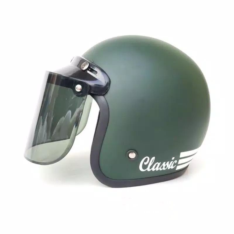 COD HELM BOGO DEWASA CLASIC GARIS  DEWASA POLOS GARIS KACA FLAT DATAR DAN KACA CEMBUNG-Hijau army dop