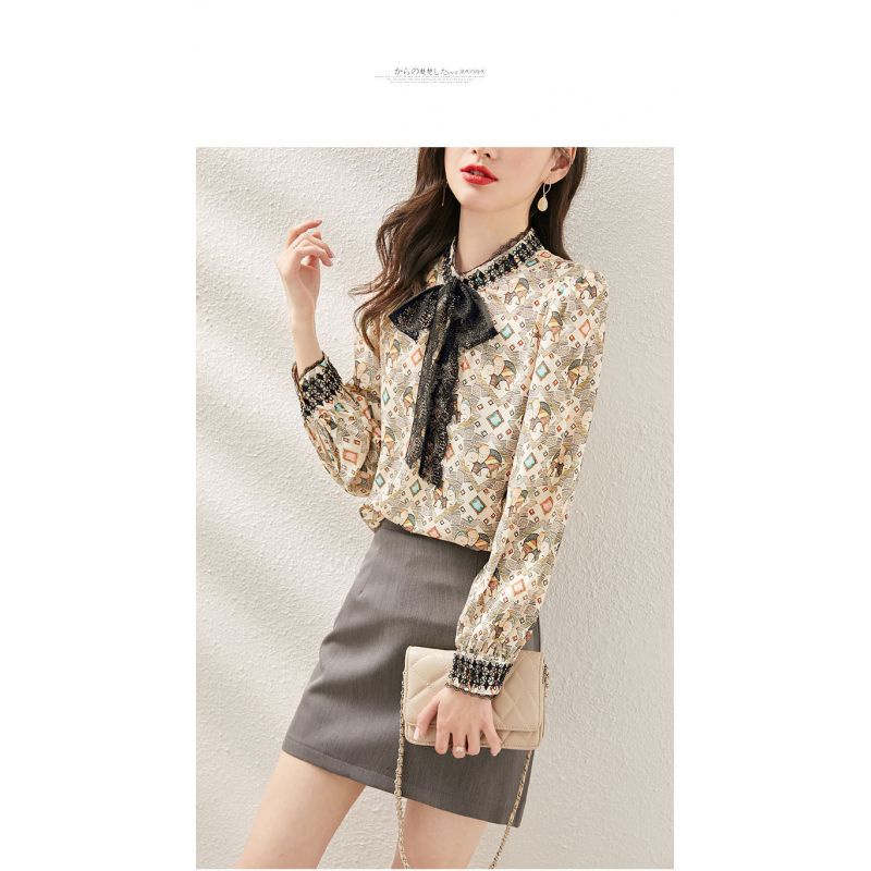 Blouse wanita motif gambar rame dasi  hitam bahan sifon Korea lengan panjang elegant