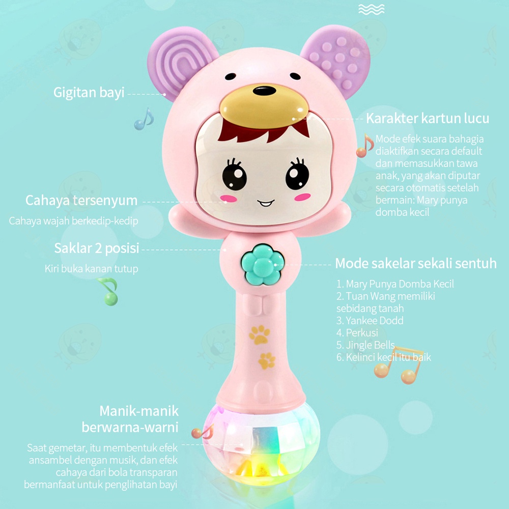 Lacoo Mainan Musik Bayi kartun Rattle stick anak dengan Lampu dan Teether