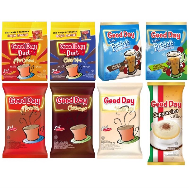 

Good Day Aneka kopi sachet baru Duet Coffee Mocacinno Vanilla Latte chococino cappucino es freeze hazelnut cookies cream choconut mocacaramel