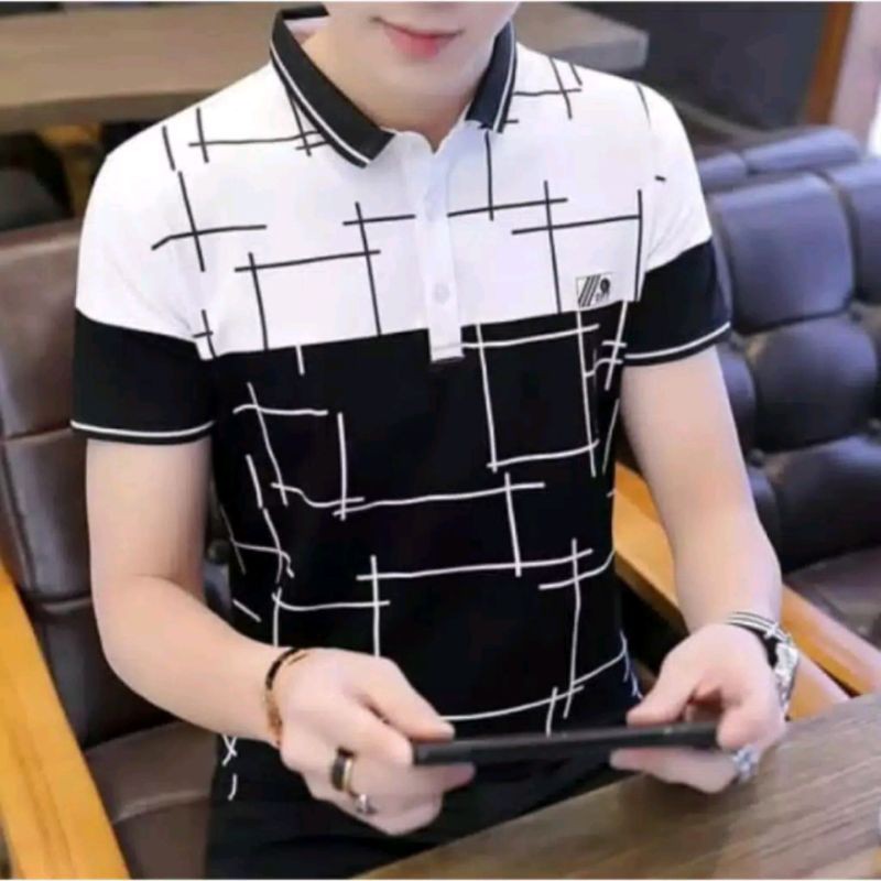 Kaos pria murah polo kombinasi-kaos korea Line pattern-kaos kerah pria-kaos fashion-kaos korea-baju 