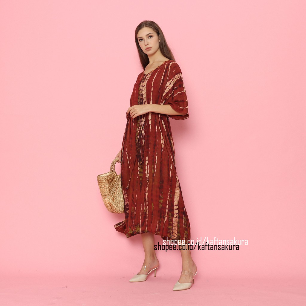 KAFTAN DRESS TIE DYE WARNA MERAH ELEGANT TERBARU ORIGINAL BALI RAYON PREMIUM BY KAFTANSAKURA 2021