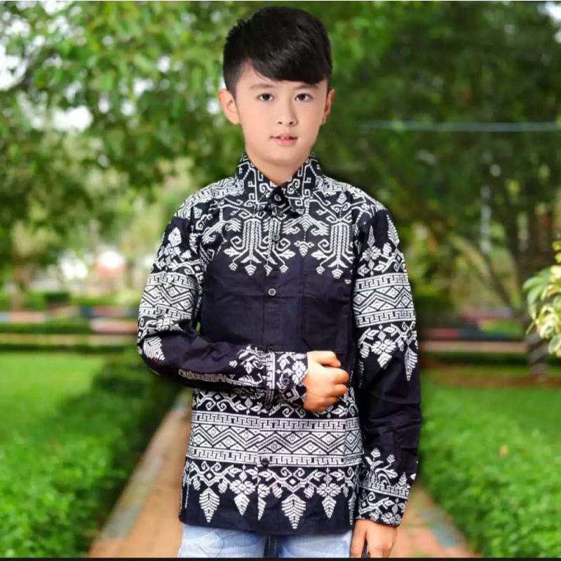 M L XL ATASAN KEMEJA BATIK ANAK COWOK LENGAN PANJANG MOTIF SONGKET ETNIK HITAM SILVER ABU PRADAA USI