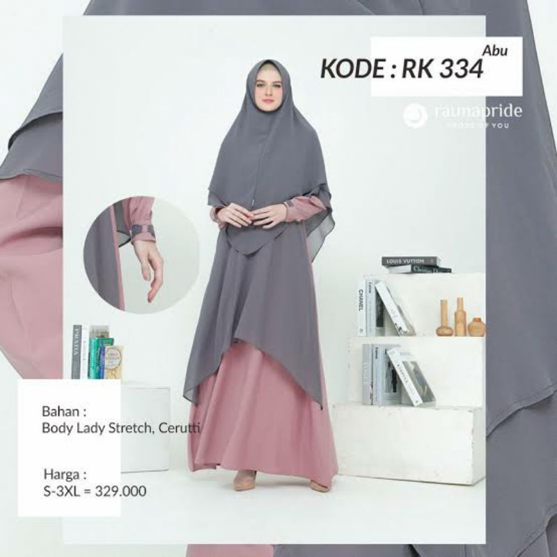 Set gamis dan Khimar Rauna Katun RK 333 Hijau RK 334 Abu