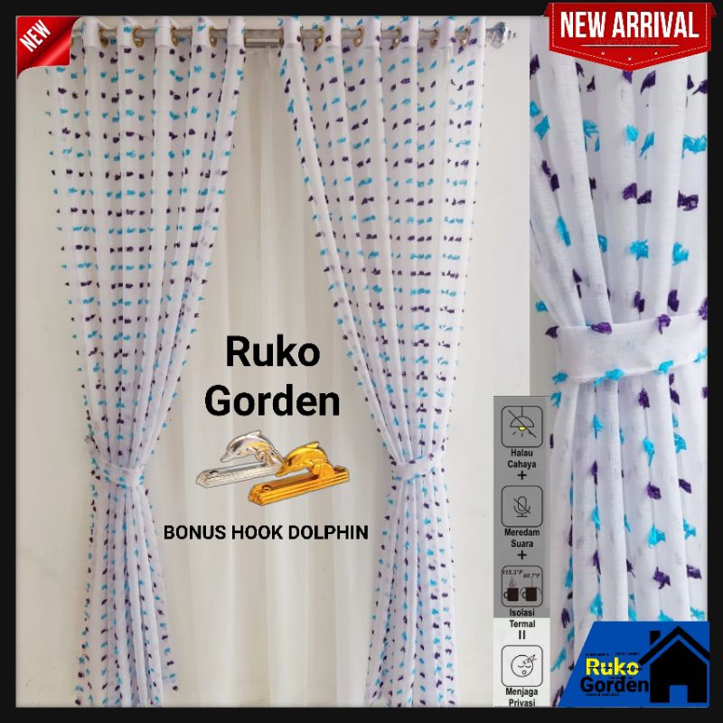 Gorden vitrase Jendela rumah  Vitrase Ruby Ungu Biru Model Smokring Ukuran L.140×T.200cm