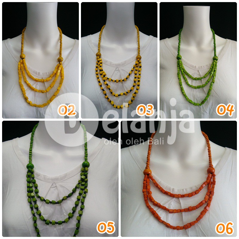 Kalung Tali Kayu Kotak Kecil 3 baris (ext) / kalung kayu vintage oleh oleh bali