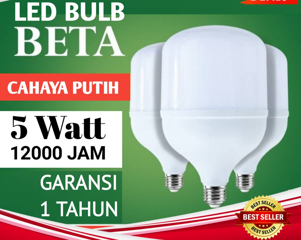 Lampu LED BETA Cahaya Putih 5 Watt , bohlam Bergaransi 1 Tahun, perlengkapan rumah tangga