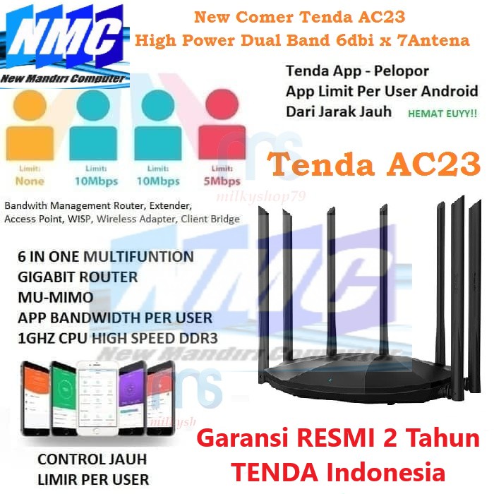 Tenda AC23 2.4GHz + 5GHz AC2100Mpps Nirkabel 7 Antena