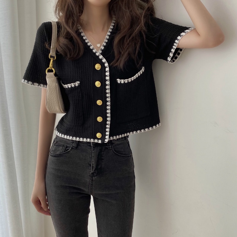 Atasan crop top kardigan rajut wanita lengan pendek Korean style cardigan rajut