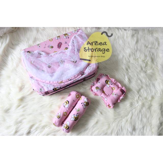 Kasur bayi kelambu set bantal guling lipat lebah pink