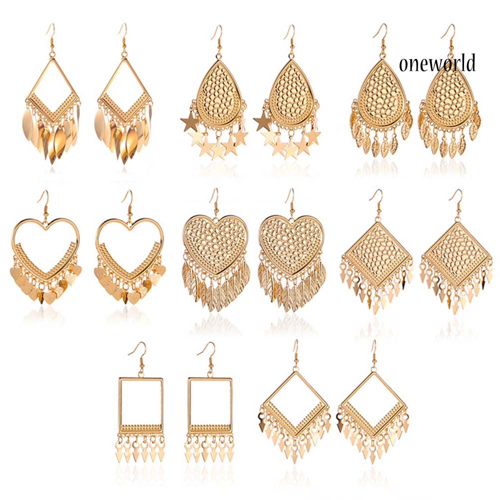 OW# Ethnic Women Heart Rhombus Geometric Dangle Tassel Hook Earrings Jewelry Gift