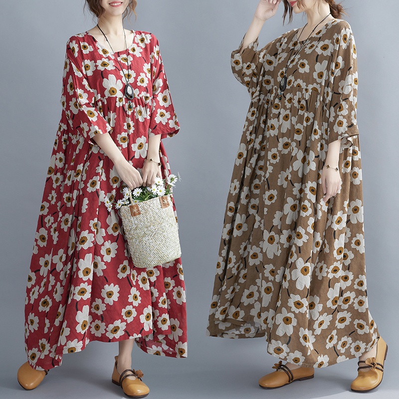 New Women Vintage Big Floral Printed Plus Size Long Dress