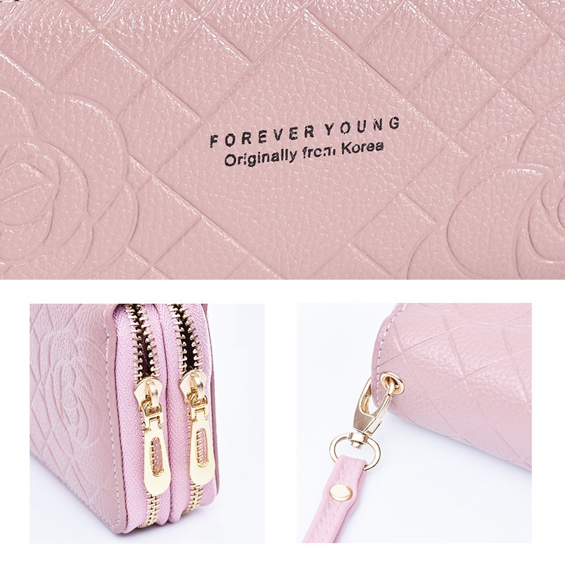 DOMPET PANJANG WANITA 2 RESLETING PREMIUM PESTA KULIT PORTALE PINK BUNGA PENDEK WA477P3 MUAT HP TALI IMPORT SLOT BRANDED KARTU UANG KOIN MURAH KEKINIAN REMAJA CEWEK KOREA