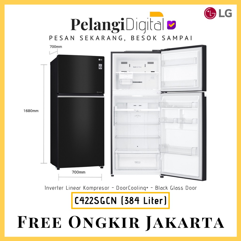 LG Kulkas 2 Pintu  / Lemari Es Dua Pintu Inverter Linear Pintu Kaca - 384 L - GN-C422SGCN