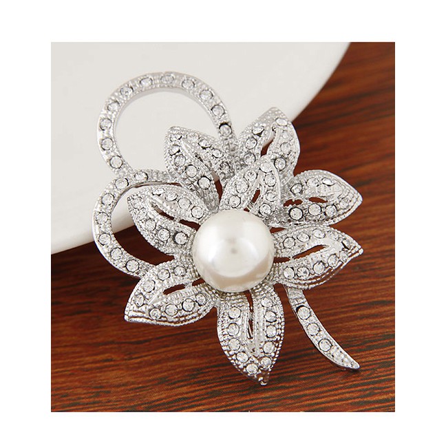 LRC Bross Fashion Silver Color Pearl Alloy Hollow Brooch With Diamond Petals A62256