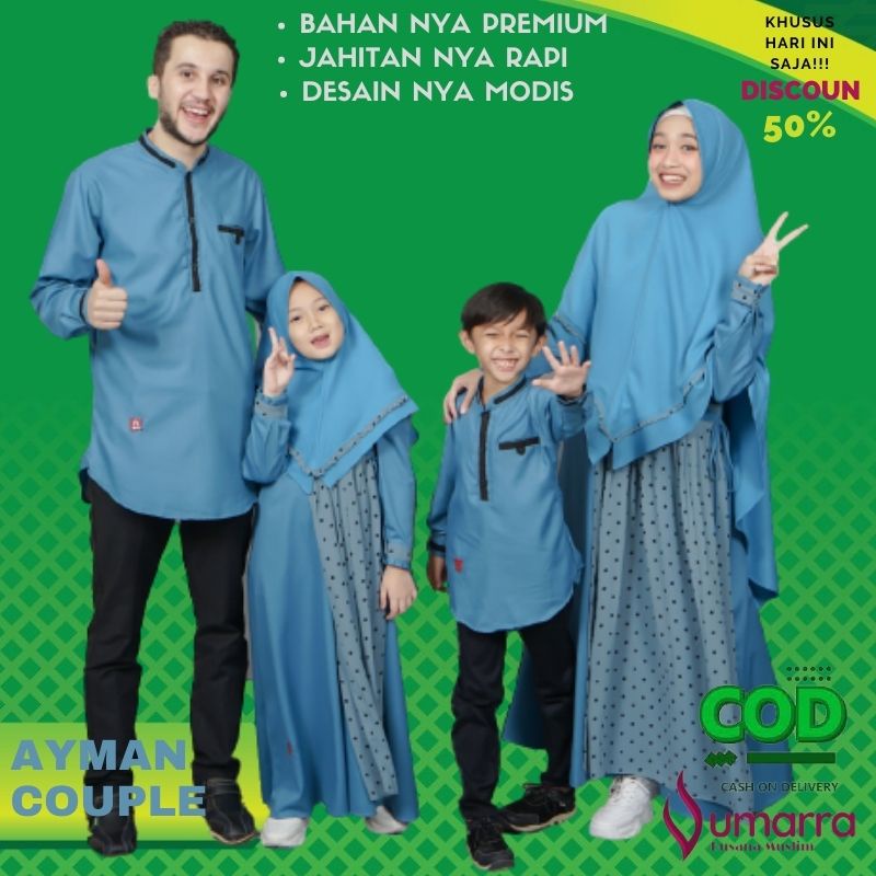 Baju Muslim Couple Keluarga Ayman Series Satu Set Koko Pria Dewasa Gamis Wanita Remaja Kokok Anak Laki-Laki Gamis Anak Perempuan Premium Terbaru Warna Biru