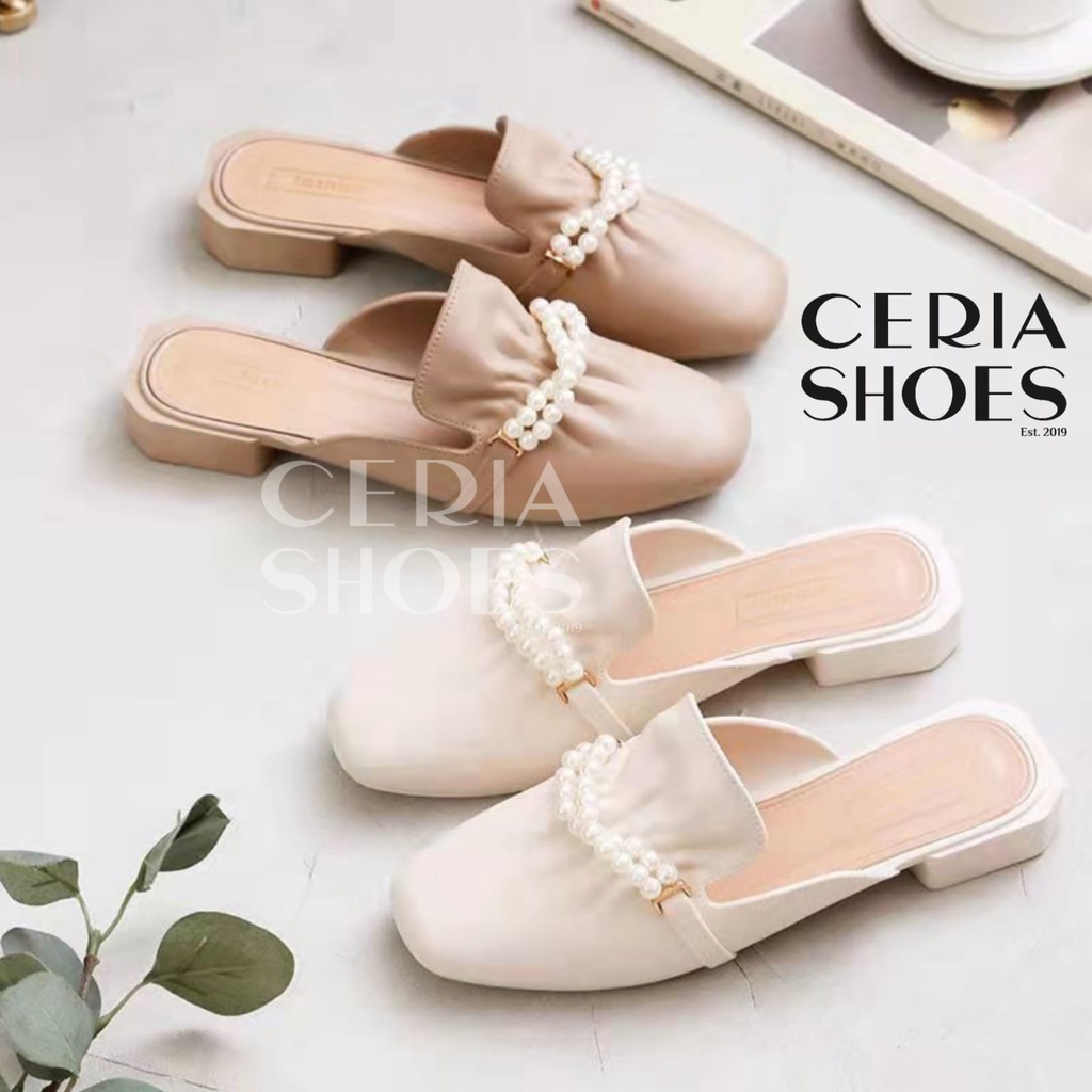 Sandal Slop Hak Pendek Wanita Import Motif Mutiara Sepatu Selop Anti Slip Bahan Jelly Halus Empuk Elastis Fashion Loafer