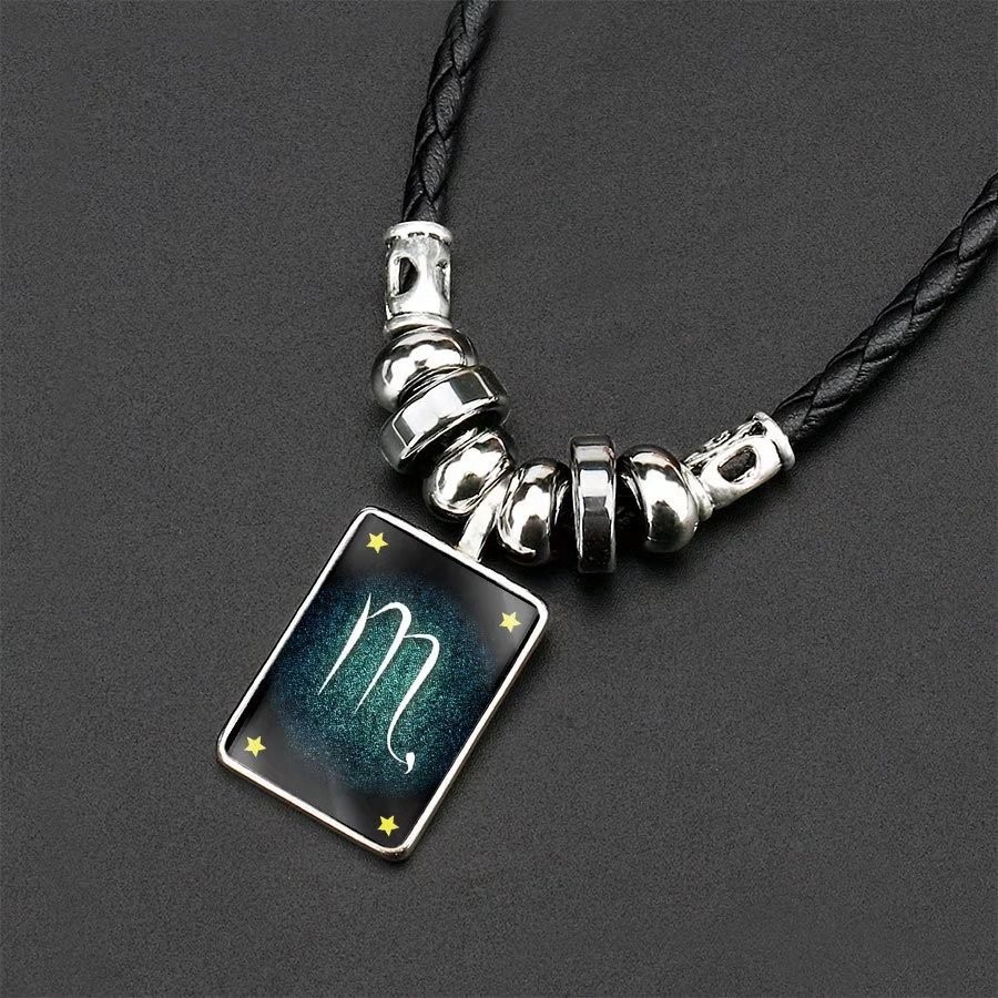 Kalung Rantai Kulit Liontin 12 Zodiak Luminous Untuk Pria Dan Wanita