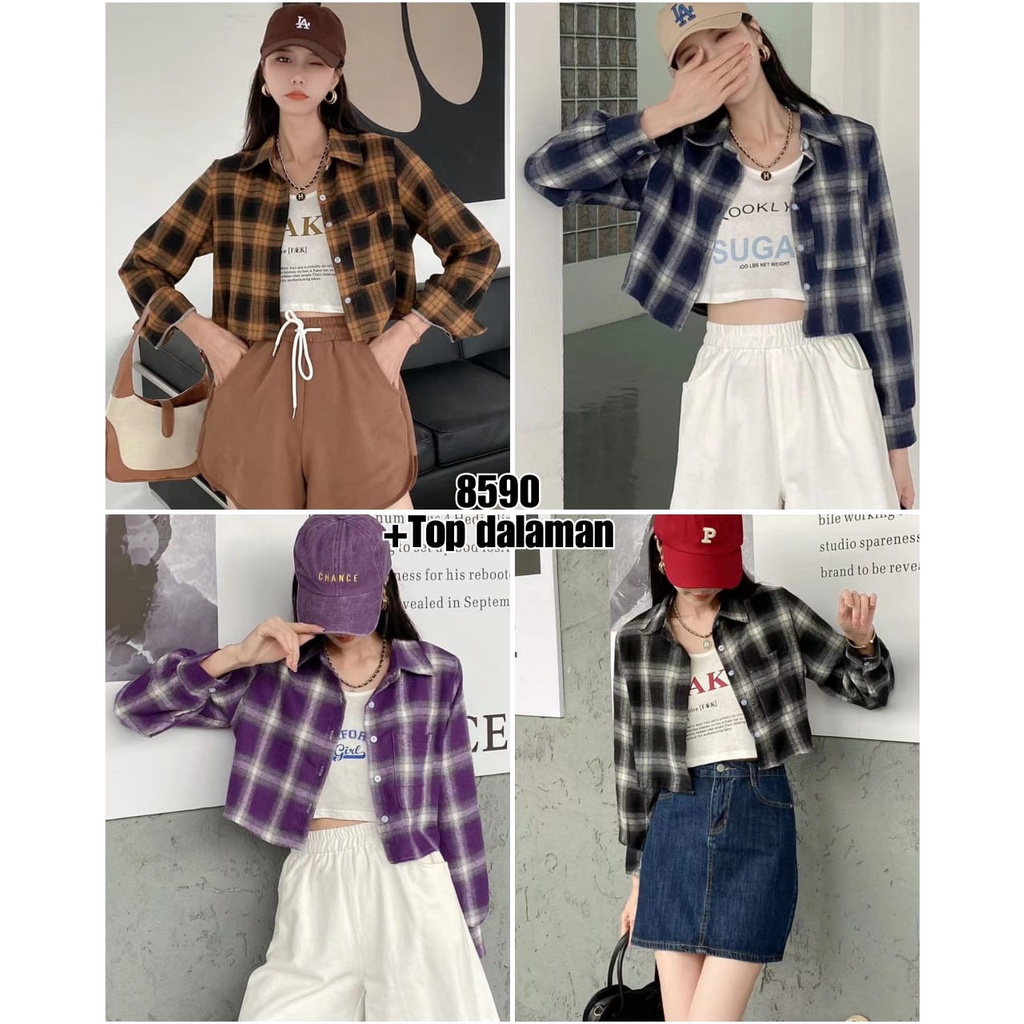 Kemeja flanel crop top kotak kotak kasual / kemeja kotak crop / kemeja crop wanita lengan panjang 46