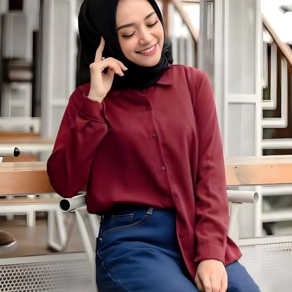 ホ Baju Kemeja Polos Kerja Kantor Atasan Wanita Lengan PANJANG Karet Cewek Remaja Warna Putih Blouse 