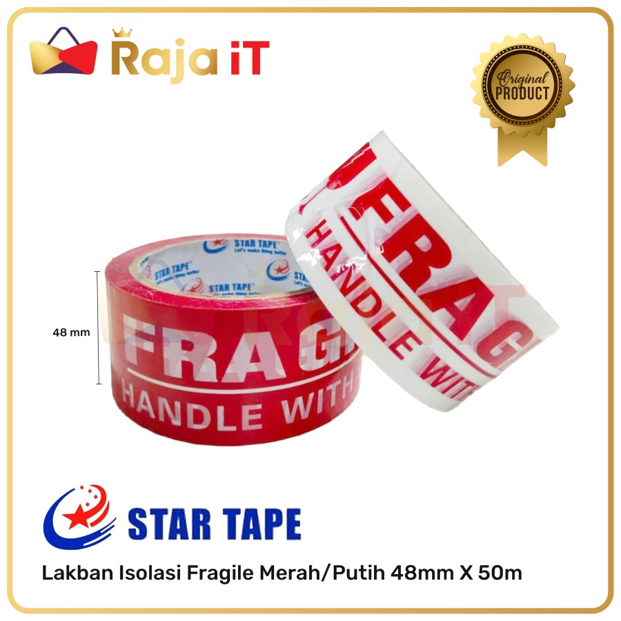 

STAR TAPE Lakban Isolasi Selotip Fragile Merah/Putih 48mmx50m 48X50 (6 roll)