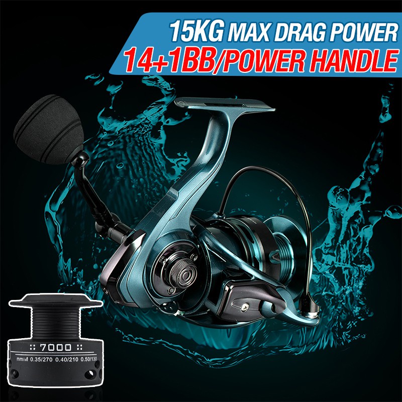 Reel Pancing Double Spool 14 + 1 Bb 15.5kg Max Drag Power Handle Metal