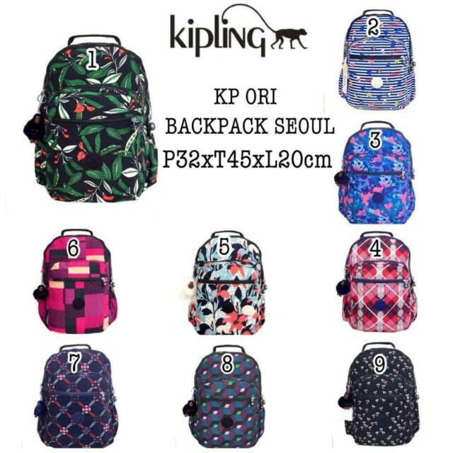 Tas Ransel Kipling Seoul Original Backpack Hitam Motif Warna Besar Laptop Pria Wanita Travel ORI