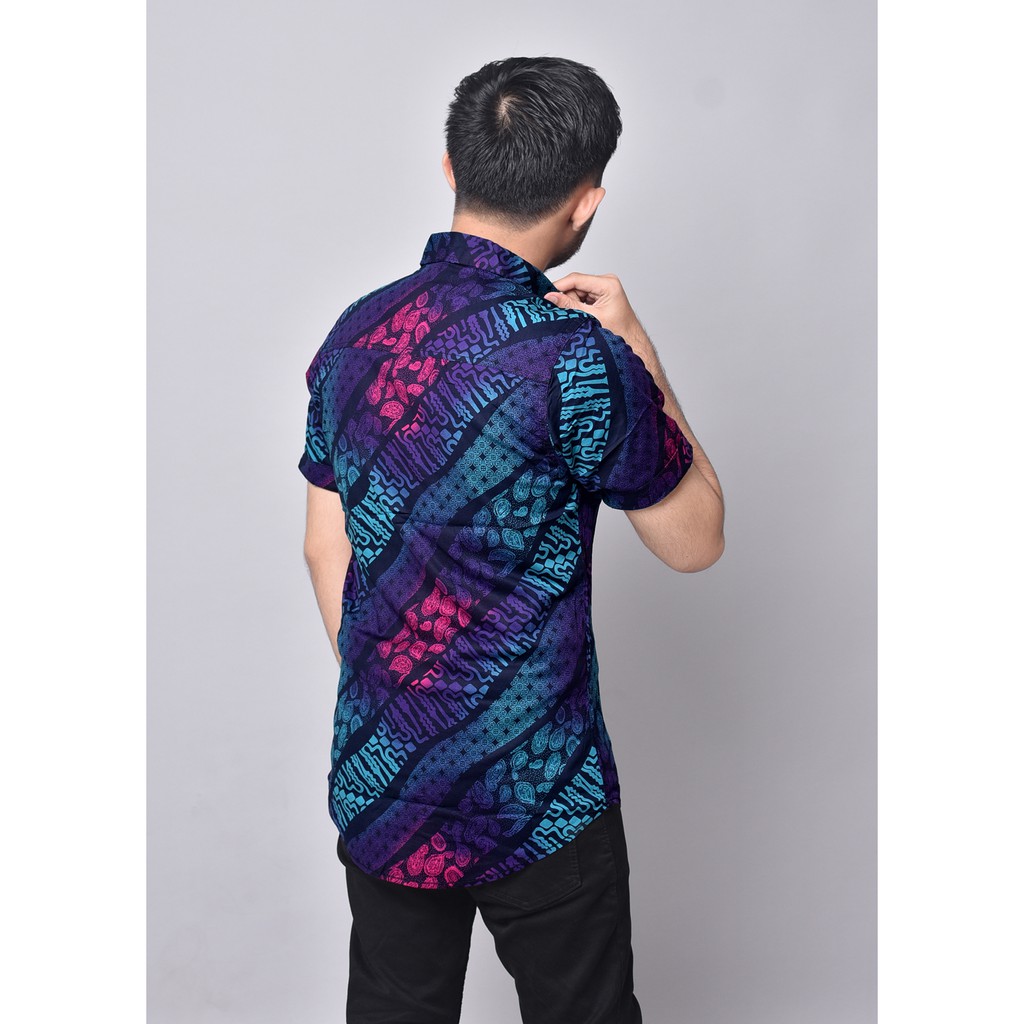 Babedo Kemeja Batik Pria Slimfit Motif Lurik Degradasi Premium Lengan Pendek