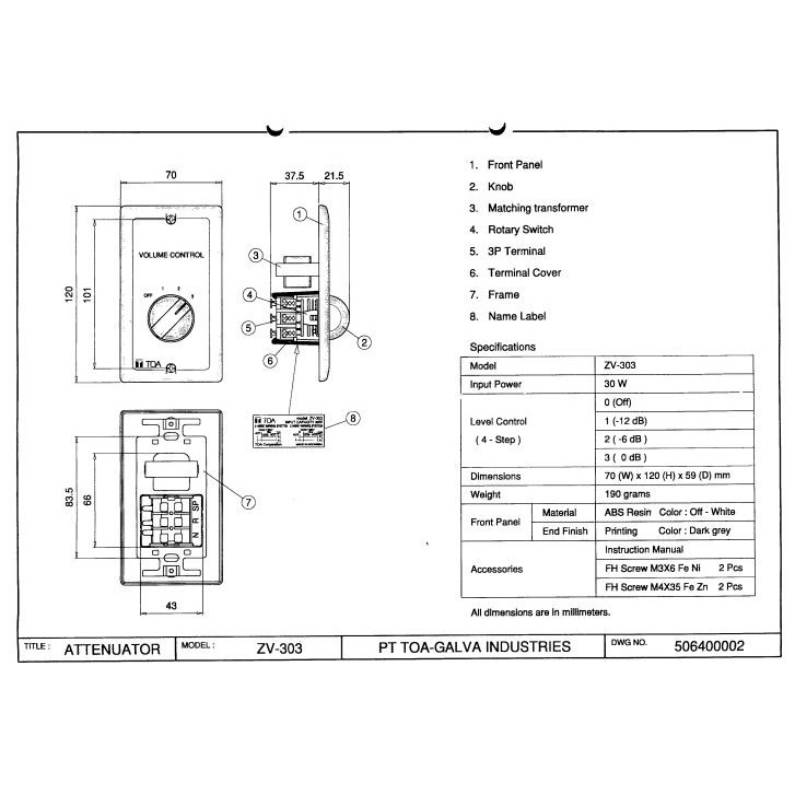 VOLUME CONTROL ATTENUATOR 6-30W 6-30 WATT TOA ZV-303