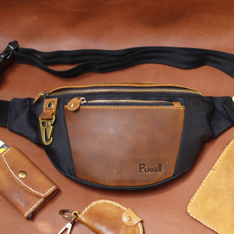 Waistbag Pusiill A03/Waistbag kombinasi Kulit Sapi asli+cordura/Tas selempang