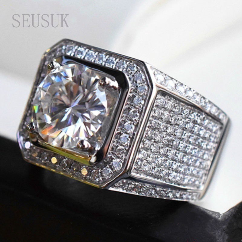 SEUSUK  Cincin Silver Pria Hias Berlian Safir Putih Kotak untuk Acara Pernikahan COD Ring