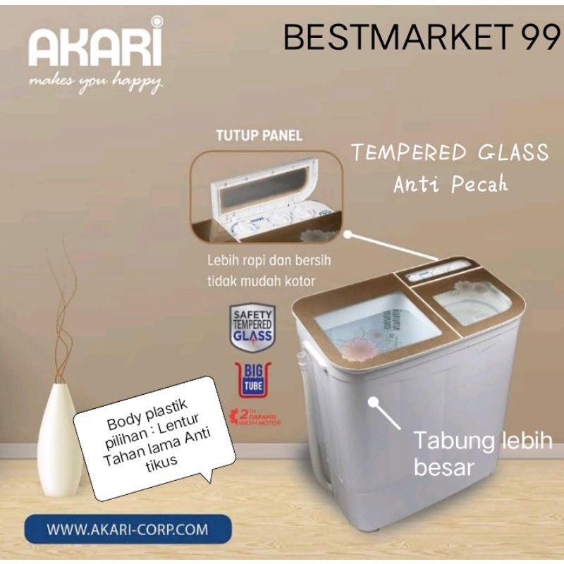 PROMO FREE ONGKIR SBY MESIN CUCI AKARI 2 TABUNG  8KG  AWM 88SK MEWAH &amp; KACA ANTI PECAH