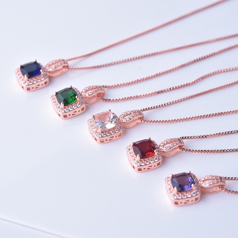 Kalung Rantai Klavikula Hias Liontin Berlian Zirkon Bentuk Persegi Emas Asli Kadar 375Lapis Rose Gold Untuk Wanita