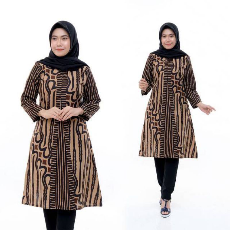 Tunik Batik Wanita Modern Terbaru JUMBO M L XL XXL Atasan Batik Wanita Seragam Murah-Coklat parang