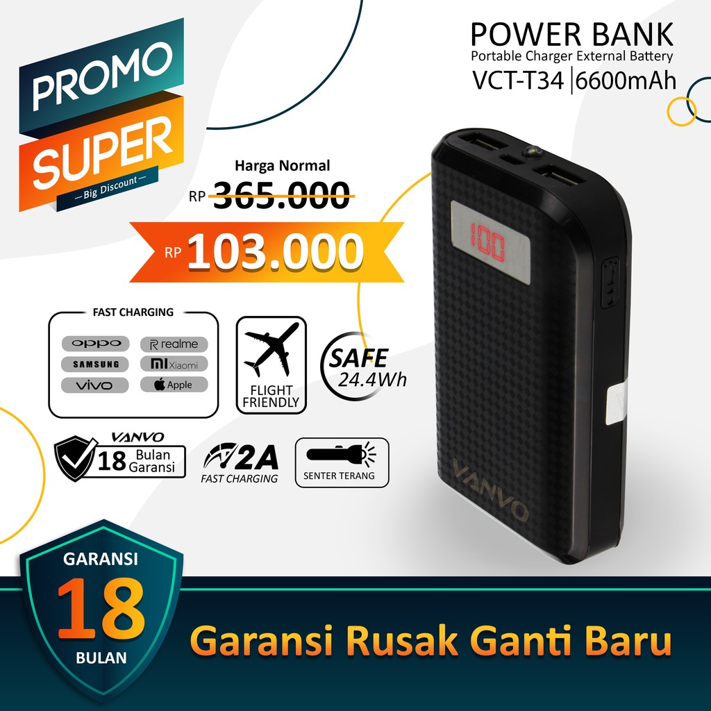 POWER BANK POWERBANK 6600 MAH VANVO VCT-T34 ORIGINAL DUA OUTPUT POWERBANK