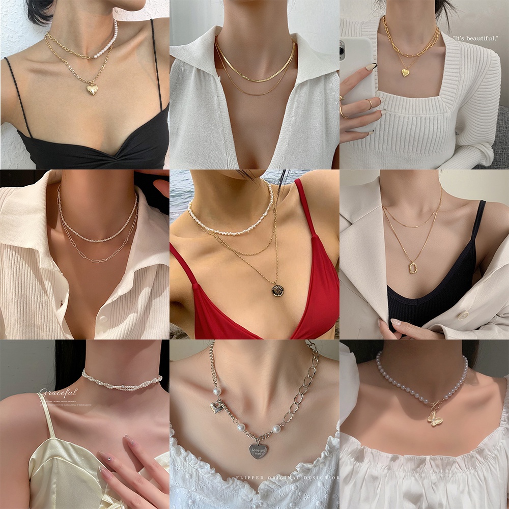 AY(CN) Kalung Choker Rantai Banyak Lapis Dengan Liontin Kupukupuhatikunci Warna Emassilver Retro Untuk Wanita ​Perhiasan Aksesoris Untuk Wanita
