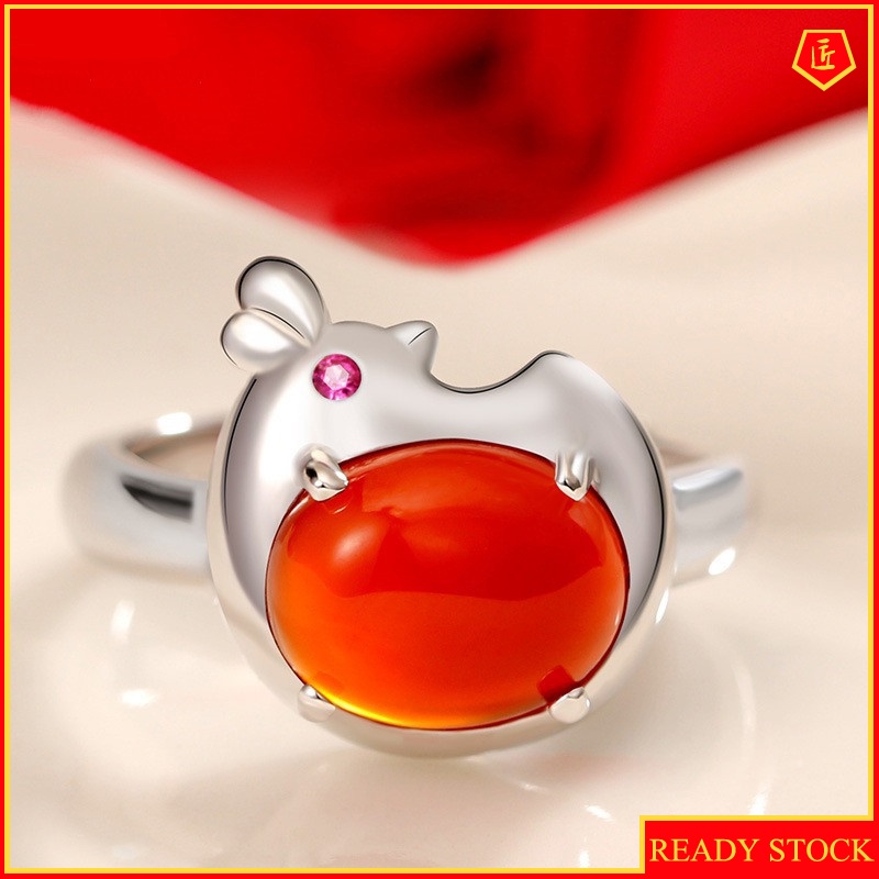 [Ready Stock]Chinese Zodiac of Rooster Simple Red Agate Open Ring