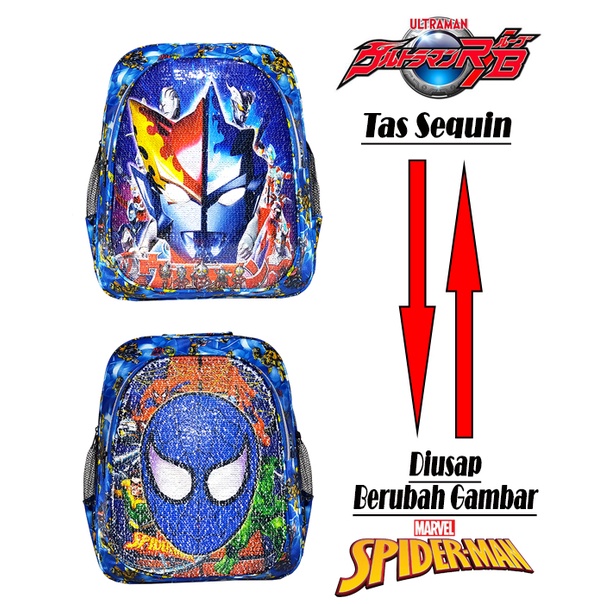 TAS RANSEL USAP 2 GAMBAR KARAKTER ULTRAMAN - SPIDERMAN ANAK SEKOLAH TK / SD TAS SEQUIN