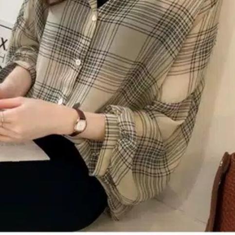 ➶ Guilen Oversize Shirt kemeja wanita motif kotak fanel wanita fashion - Hitam ➢