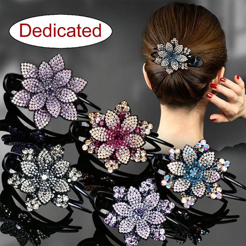 Rhinestone Double Flower Hair Clip Flexible Durable Women Dovetail Hair Clip