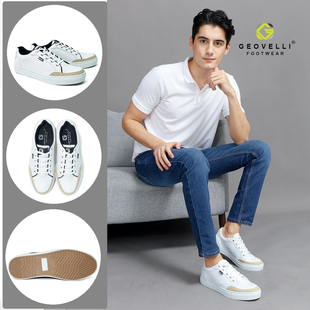 Sepatu Sneakers Pria Kasual Terbaru G-3105 Brand Geovelli FULL WHITE Bahan Kulit Synth 39 - 44