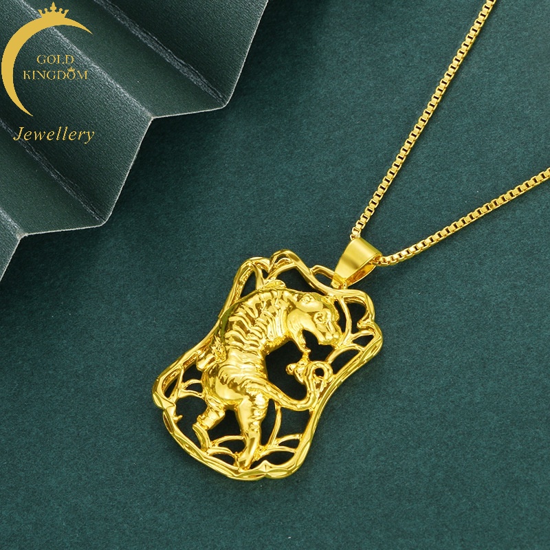 Kalung Emas Emas Asli Kadar 375 Dengan Liontin Bentuk Persegi Model Hollow Tiger Down The Mountain Twelve Untuk Pria Dan Wanita