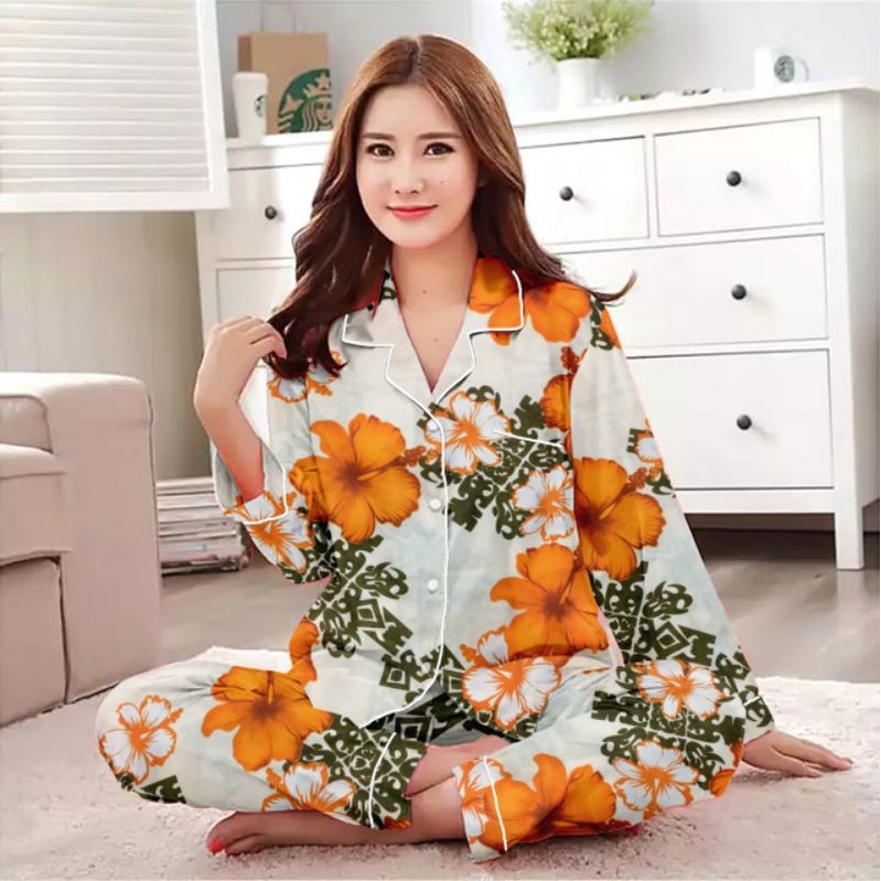 piyama setelan lengan panjang/baju tidur wanita terbaru/setelan wanita katun-Pp bigrose yelow