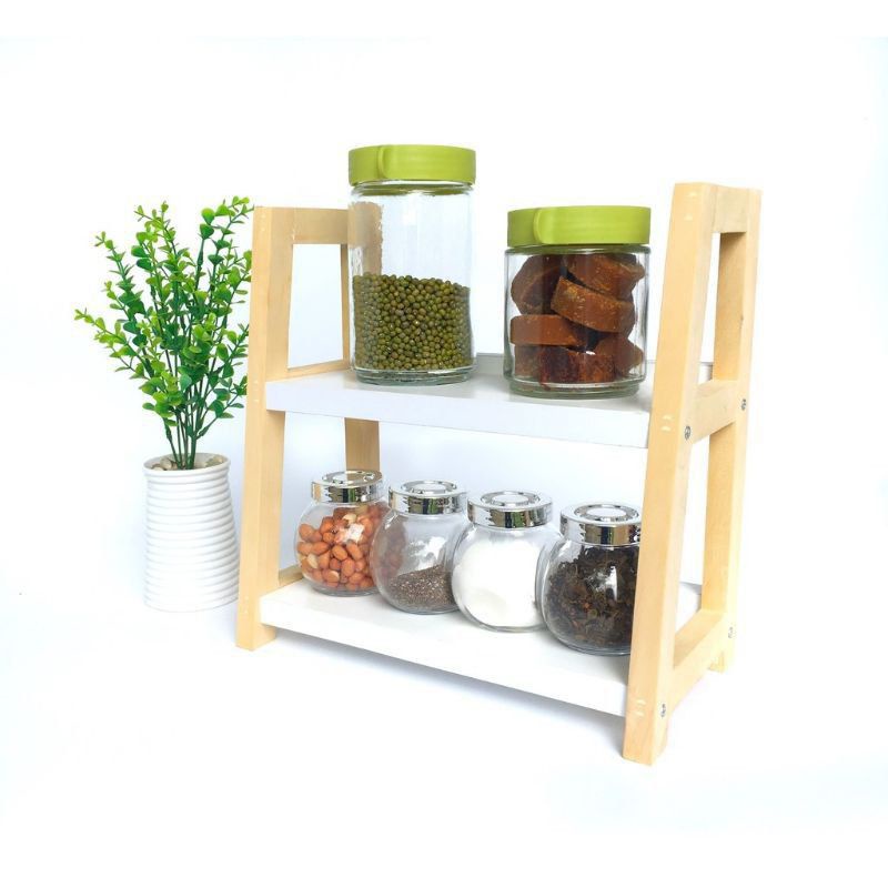 rak bumbu 2 susun alas putih/rak dapur bumbu/rak kayu 2 susun
