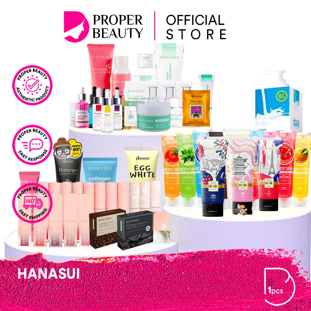 HANASUI Indonesia / Gentle Cleanser Power Essence Toner Serum Day Night Cream Spot Gel Lip Sleeping Cream Mud Peel Off Mask Masker Body Lotion Spa Exfoliating Gel Bar Soap / Men Naturgo Flawless Glow Acne Treatment Mattedorable Mineral Black Gold Paket