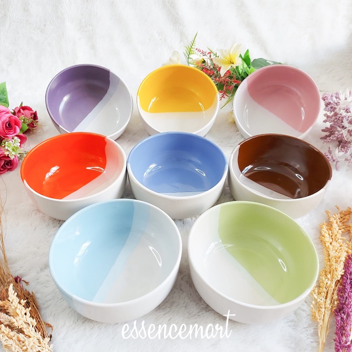 Mangkok Keramik Two Tone Bulat 2 Warna Cantik Ukuran 14 cm Tebal