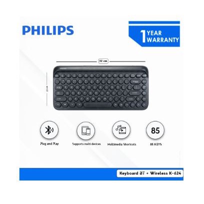 Keyboard philips bluetooth wireless 2.4ghz membrane 85 keys tkl multimedia for office gaming pc laptop phone tablet k-624 k624