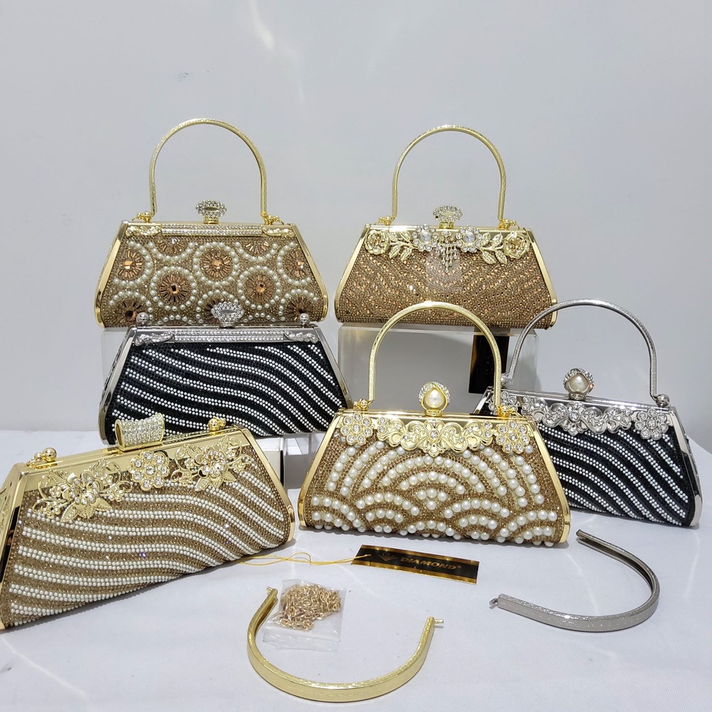 Model Terbaru! Tas Pesta Farnell Import Diamond Clutch Glitter Mutiara Rhinestones Cantik Mewah 2909